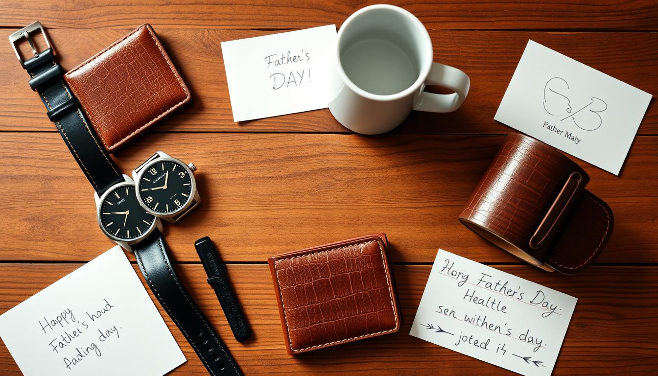 Various Father's Day gifts including a watch, wallet, and coffee mug arranged on a wooden table