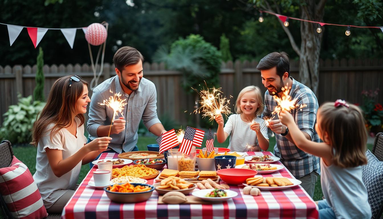Family celebrating 4th of July on a budget with affordable decorations and food